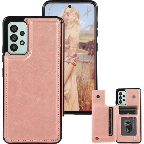 Basic Case for Samsung Galaxy A73 with Card Holder & Kickstand, Minimalist Luxury PU Leather Magnetic Closure Protective Wallet Case Cover for Samsung Galaxy A73 Rose Gold-SK