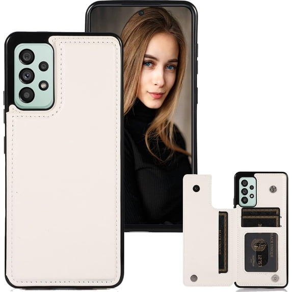 Basic Case for Samsung Galaxy A73 with Card Holder & Kickstand, Minimalist Luxury PU Leather Magnetic Closure Protective Wallet Case Cover for Samsung Galaxy A73 White-SK
