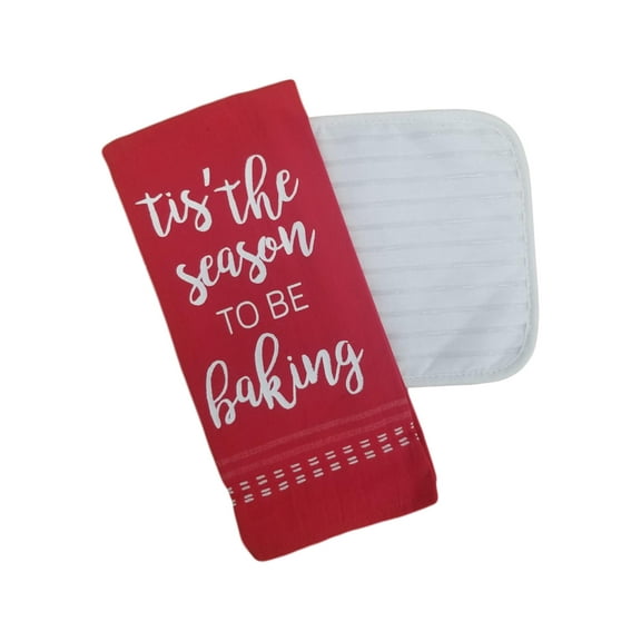 Basic Christmas Red Baking Season Kitchen Dish Towel & Potholder Set, Pot Holder