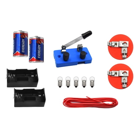 eisco labs basic beginner circuit kit for teaching series and parallel circuits- switch, (2) 'd' batteries w/ holders, (2) light holders, (5) bulbs, bulk wire