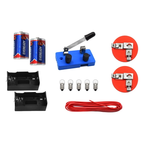 eisco labs basic beginner circuit kit for teaching series and parallel circuits- switch, (2) 'd' batteries w/ holders, (2) light holders, (5) bulbs, bulk wire