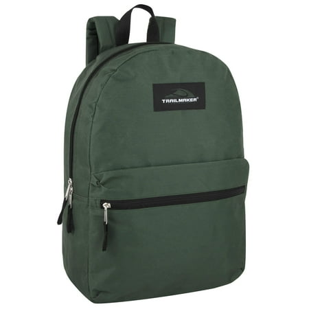 Basic Classic Solid Color Backpack with Front Zipper Accessory Pocket, Dual Zipper Closure & Padded Shoulder Straps for Work, School, Office, Gym, Sports, Travel, Commute & Recreation in Forest Green