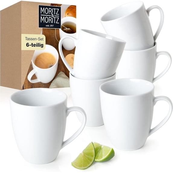 Basic Coffee Cups Set of 6 - Approx. 350 ml Made of Premium Porcelain in Classic White - Stylish Design with Handle - Perfect for Coffee, Tea, Hot Chocolate, Cappuccino