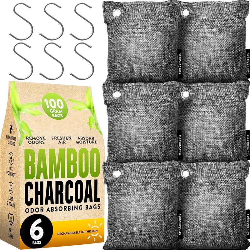 Basic Concepts Activated Charcoal Odor Absorber for Strong Odor - Bamboo Charcoal Air Purifying Bag - 6 Pack