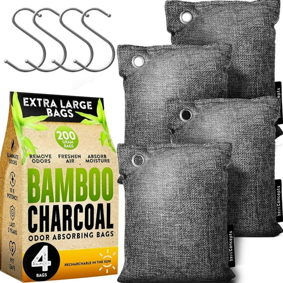 Basic Concepts Activated Charcoal Odor Absorber for Strong Odor - Bamboo Charcoal Air Purifying Bag (Large, 4 Pack, 200g Each)
