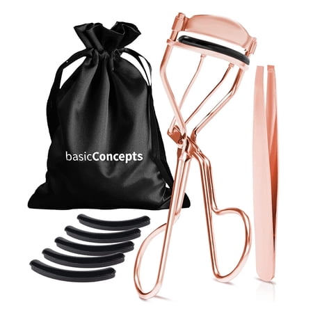 Basic Concepts Eyelash Curlers Kit (Rose Gold), Stainless Steel Eye Lash Curler for Women with 5 Refills (Box Colors Vary)