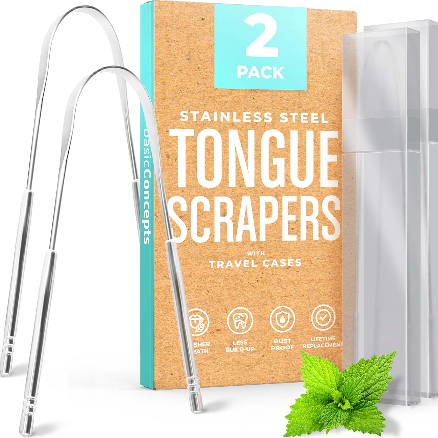 Basic Concepts Tongue Scraper with Case, Reusable Stainless Steel