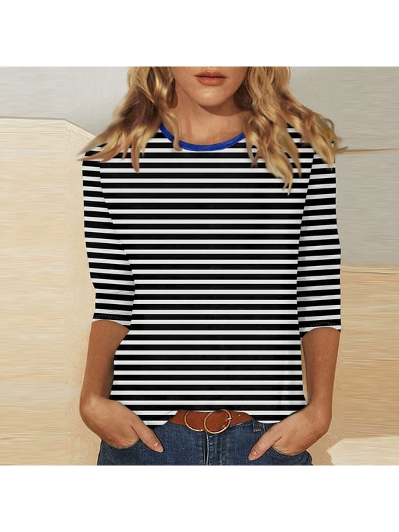 Basic Crew Neck 3 Quarter Length Sleeve Shirts For Women Soft Striped Elbow Sleeve Loose Dressy Casual Summer Workout Tops Black S