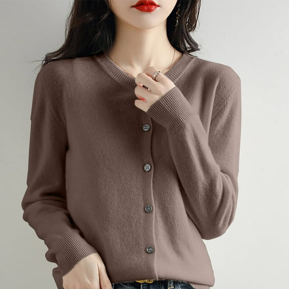 Basic Crew Neck Long Sleeve Button Down Cardigan, Acrylic Yarn Material, Soft Warm Lightweight, Suitable For Spring, Fall And Winter, Brown M, Size S-XXL