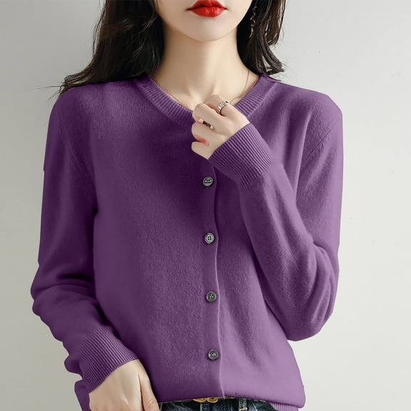 Basic Crew Neck Long Sleeve Button Down Cardigan, Acrylic Yarn Material, Soft Warm Lightweight, Suitable For Spring, Fall And Winter, Purple M, Size S-XXL