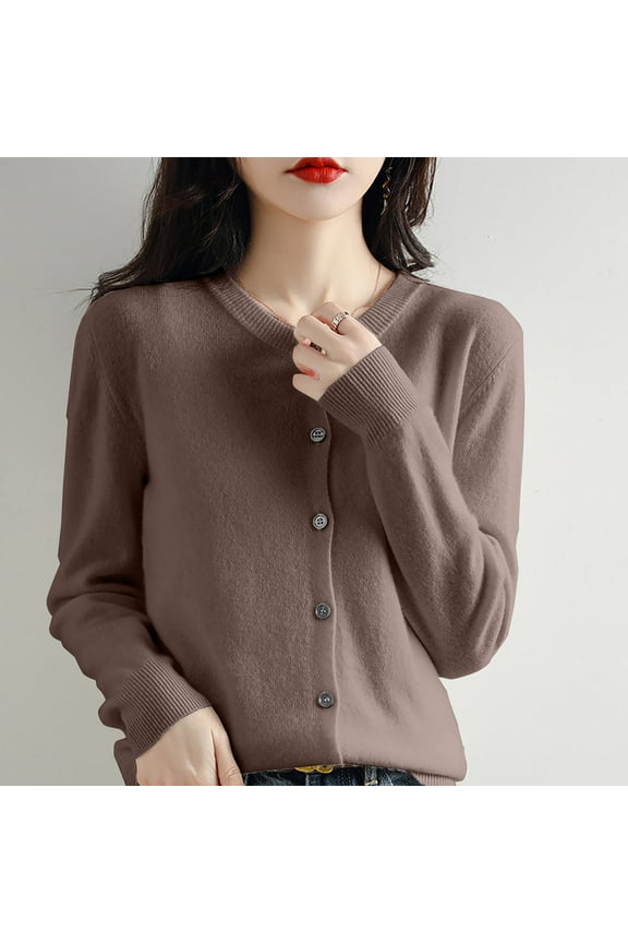 Basic Crew Neck Long Sleeve Button Down Cardigan, Brown XL, Size S-2XL