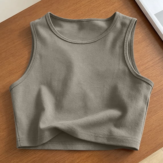 Basic Crop Tops for Women Crew Neck Tank Top Soft Everyday Summer Solid Color Camisole Beige XL