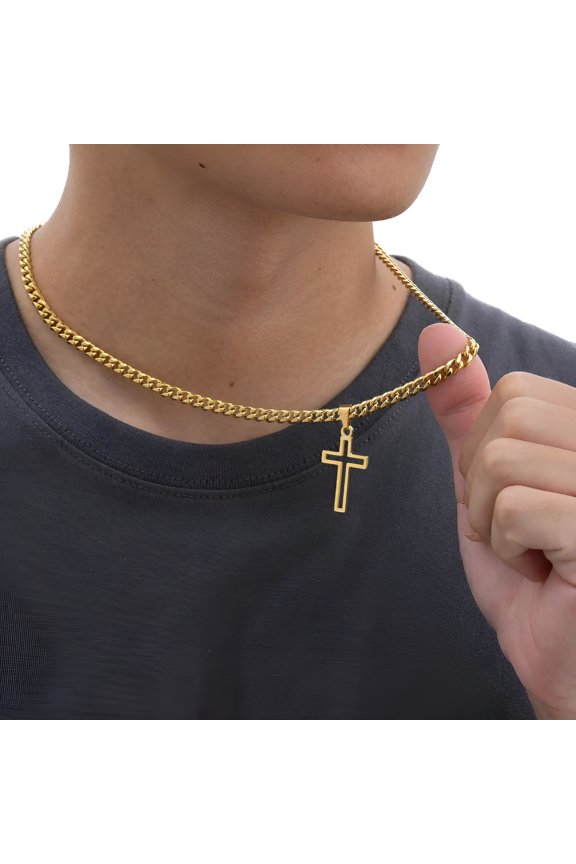 Basic Cross Necklace for Men,Waterproof 14K White Gold Hollow Cross Charm Pendant,Simple Prayer Jewelry