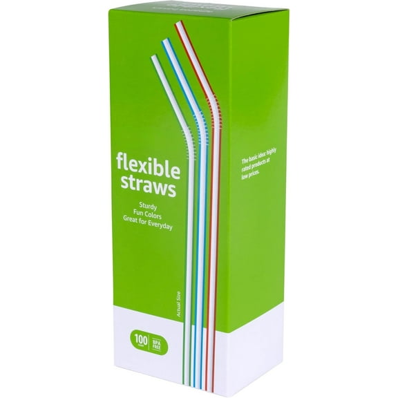 Basic Disposable Striped Plastic Flexible Straws, 7.5" Long, Assorted Colors, 100 Count, Bulk Pack