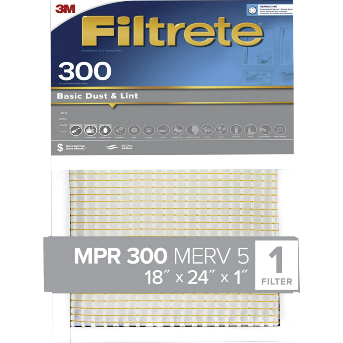 3M Basic Pleated Air Filter - Dust & Lint Reduction, 3 Months - 18x24x1 — Residential Use, Standard Application