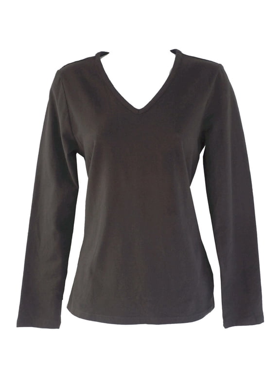 Black Relaxed Fit Long Sleeve V-Neck Cotton T-Shirt, Women's Small