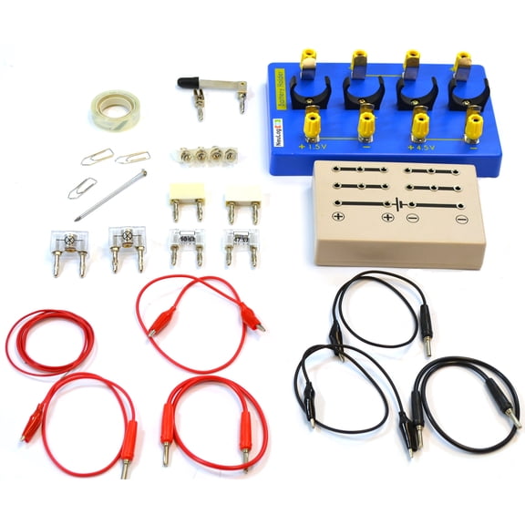 Basic Electricity Kit - Includes Circuit Board, Knife Switch, Bridges, Connector Cables & Clips, Resistors, Bulbs & Holders, Wire, Capacitor - Eisco Labs