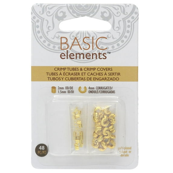 Basic Elements Crimp Tube Beads & Corrugated Crimp Covers, 2x2mm and 4mm, 48 Pieces, Gold Plated