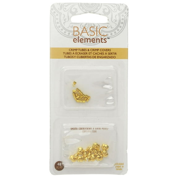 Basic Elements Crimp Tube Beads & Smooth Crimp Covers, 2x2mm and 4mm, 48 Pieces, Gold Plated