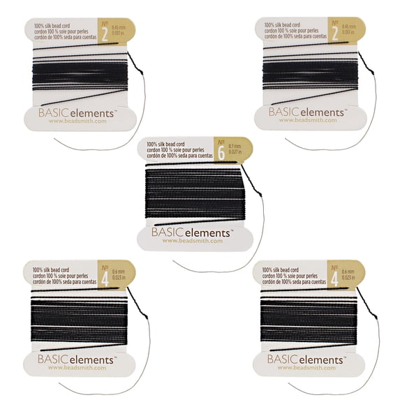 The Beadsmith Pure Silk Cord – Black Color, Assorted Sizes 2, 4, & 6, Five Cards, Needles Attached