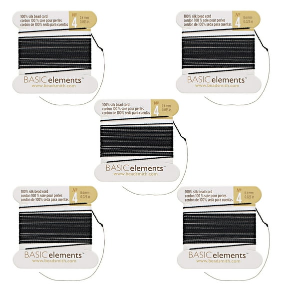 The Beadsmith Pure Silk Cord – Black Color, Size 4, Five Cards, Needles Attached