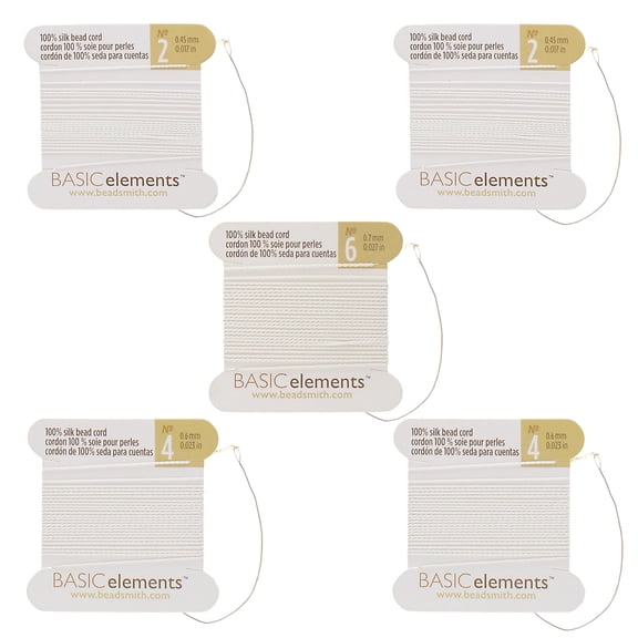 The Beadsmith Pure Silk Cord – White Color, Assorted Sizes 2, 4, & 6, Five Cards, Needles Attached