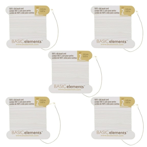The Beadsmith Pure Silk Cord – White Color, Size 2, Five Cards, Needles Attached