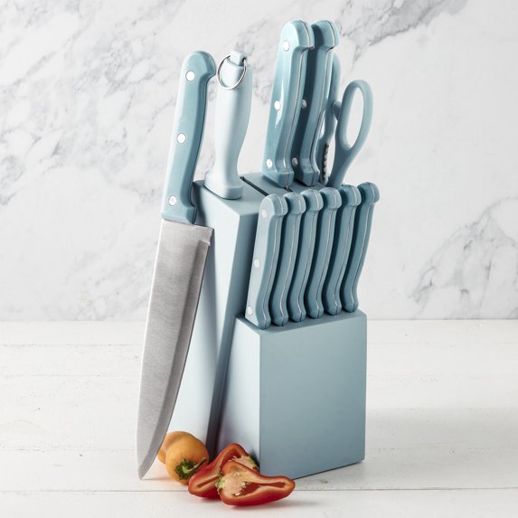 Basic Essentials 12 Piece Stainless Steel Kitchen Knife Set with Wood Block, Blue