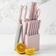 thumbnail image 1 of Basic Essentials 12 Piece Stainless Steel Kitchen Knife Set with Wood Block, Pink, 1 of 13