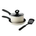 thumbnail image 1 of Basic Essentials 4 Piece Nonstick Aluminum Starter Cookware Set Saute Fry Pan Saucepan Pot with Glass Lid and Nylon Turner, Cream, 1 of 6