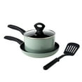 thumbnail image 1 of Basic Essentials 4 Piece Nonstick Aluminum Starter Cookware Set Saute Fry Pan Saucepan Pot with Glass Lid and Nylon Turner, Sage, 1 of 6