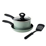 Basic Essentials 4 Piece Nonstick Aluminum Starter Cookware Set Saute Fry Pan Saucepan Pot with Glass Lid and Nylon Turner, Sage