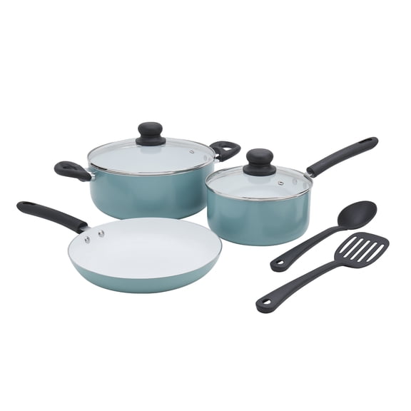Basic Essentials 7 Piece Nonstick Aluminum Cookware Set with Cooking Tools Utensils, Sea Mist Blue