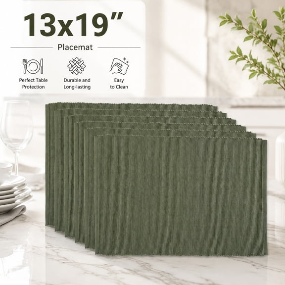 Basic Everyday Ribbed 100% Cotton Placemat Set, 13x19 Inch, Artichoke Green, 6 Pieces, Durable Table Mats for Kitchen Dining Room