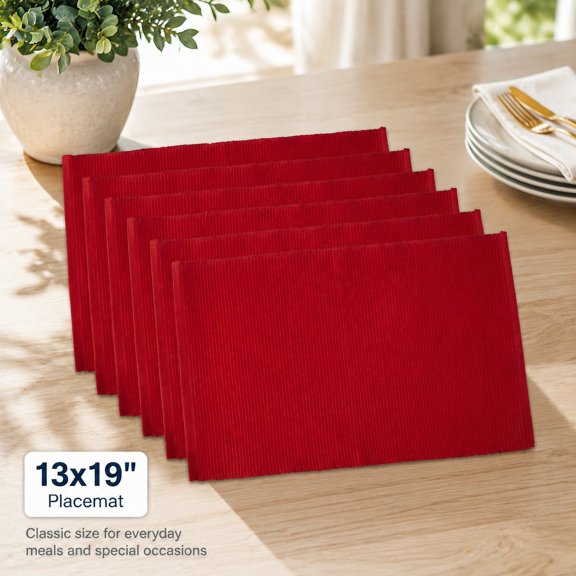 Basic Everyday Ribbed 100% Cotton Placemat Set, 13x19 Inches, Tango Red, 6 Pieces, Durable Tabletop Protection