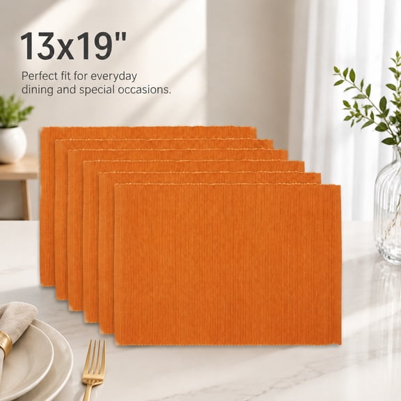 Basic Everyday Ribbed 100% Cotton Placemat Set, 13x19, Pumpkin Spice, 6 Piece for Kitchen Table Decor