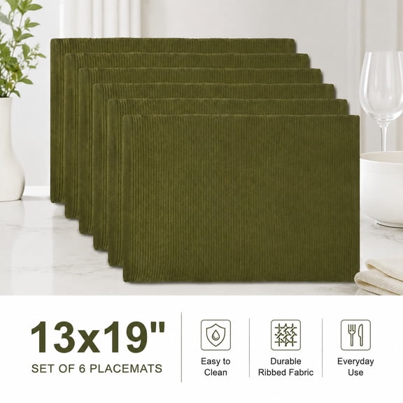 Basic Everyday Ribbed 100% Cotton Placemat Set, 13x19, Sage Green, Durable Table Mats, 6 Piece