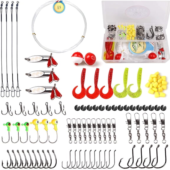 Basic Fishing Tackle Kit Freshwater Soft Fishing Lures Kit Including Worm Baits, Jigs, Swivels, Hooks, Fishing Gears for Salmon Catfish Trout Bass