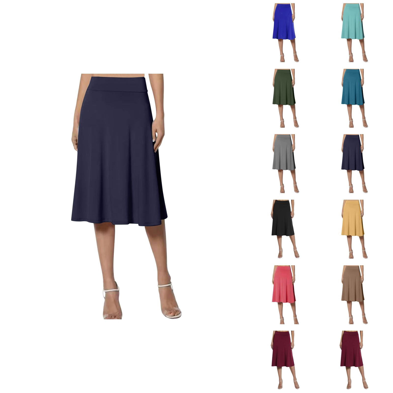 Basic Flare Midi Skirts for Women Casual A Line Knee Length Lightweight ...