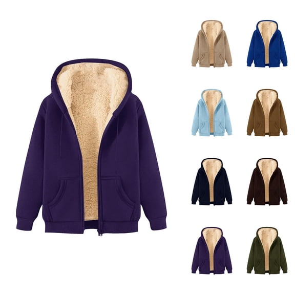 Basic Fleece Lined Hooded Jacket for Women 2025 Fall Winter Long Sleeve Plain Zip Up Hoodie with Pockets Outerwear