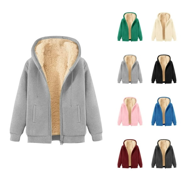 Basic Fleece Lined Zip Up Hoodies for Women Fall Winter Long Sleeve Full Zip Plain Hooded Sweatshirt Jacket with Pockets
