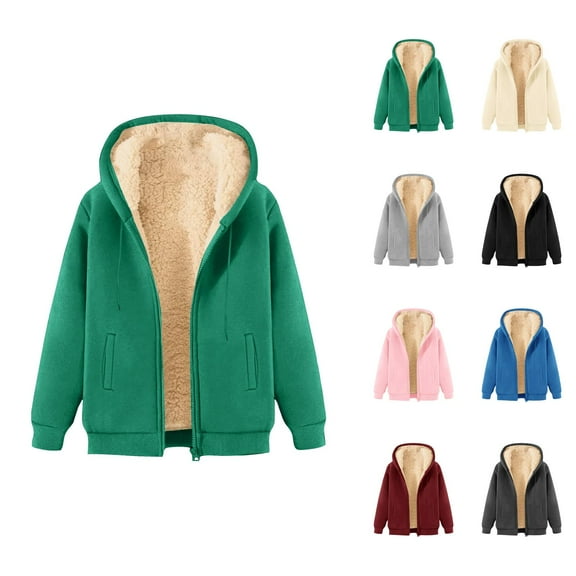 Basic Fleece Lined Zip Up Hoodies for Women Fall Winter Long Sleeve Full Zip Plain Hooded Sweatshirt Jacket with Pockets