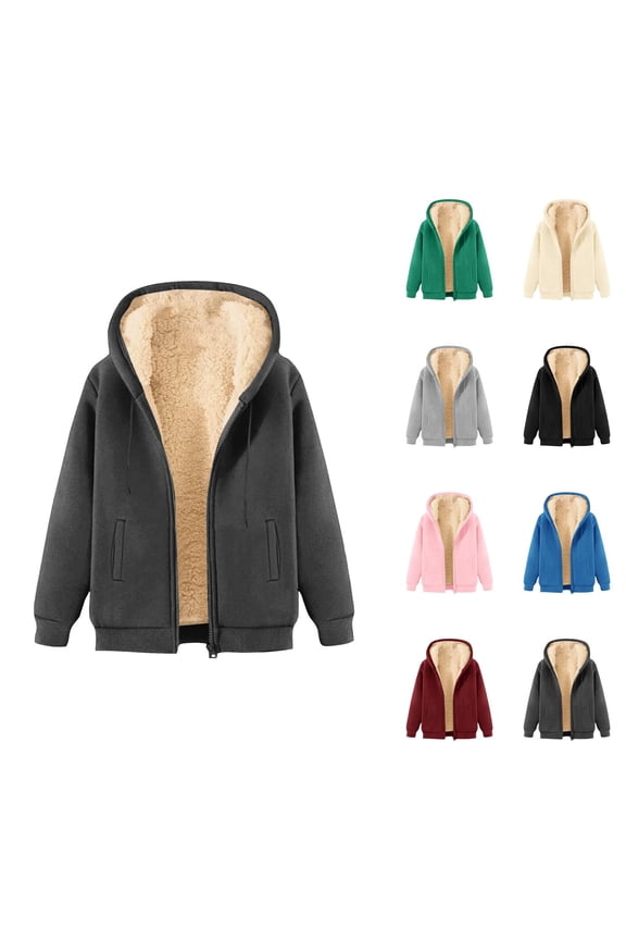 Basic Fleece Lined Zip Up Hoodies for Women Fall Winter Long Sleeve Full Zip Plain Hooded Sweatshirt Jacket with Pockets