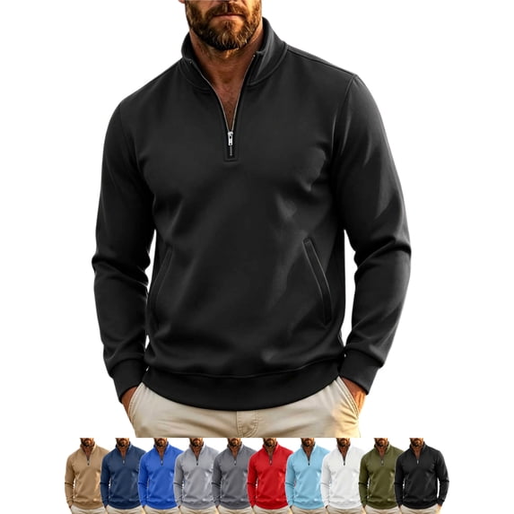 Men's Sweatshirts Quarter Zip Stand Collar Long Sleeve Regular Fit Solid Color Casual Fall Pullover Tops