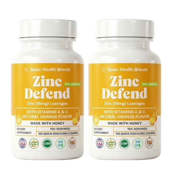 Basic Health Brands Natural Orange Flavor Zinc Lozenges for Immune Support, Cold Relief, 100 Count (2Pack)