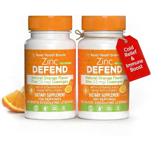 Basic Health Brands Natural Orange Flavor Zinc Lozenges for Immune Support, Cold Relief, 100 Count (2Pack)
