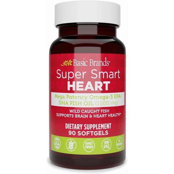Basic Brands Smart Heart Omega-3 Fish Oil for Brain & Heart Health, 90 Softgels
