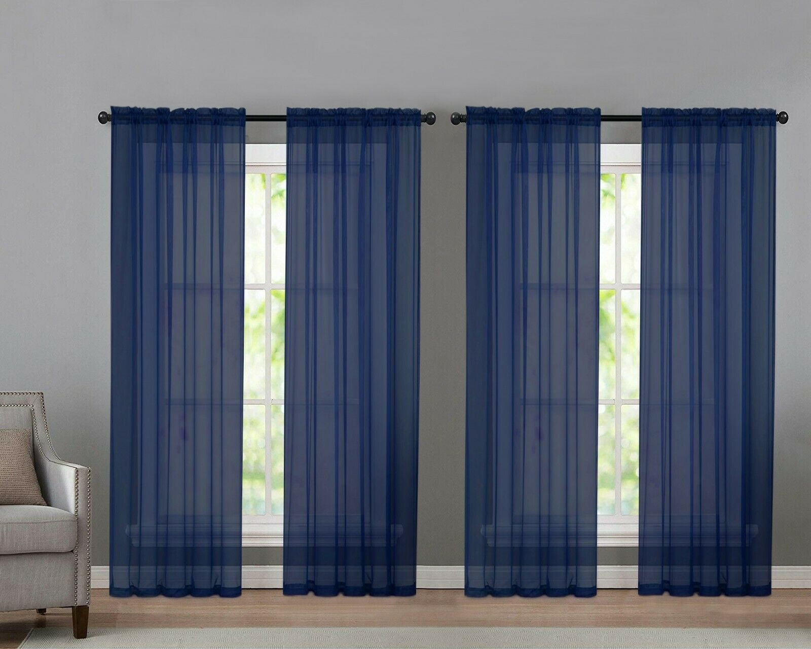 Basic Home Navy Solid Print Rod Pocket Sheer Curtains, 52" x 84" (4 Panels)
