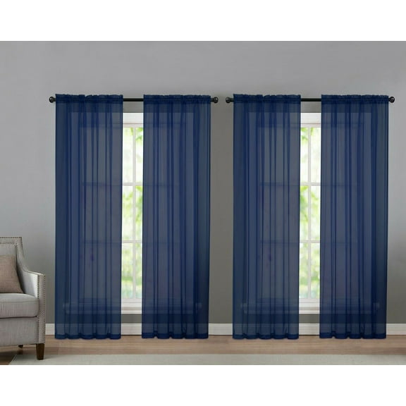 Basic Home Navy Solid Print Rod Pocket Sheer Curtains, 52" x 84" (4 Panels)