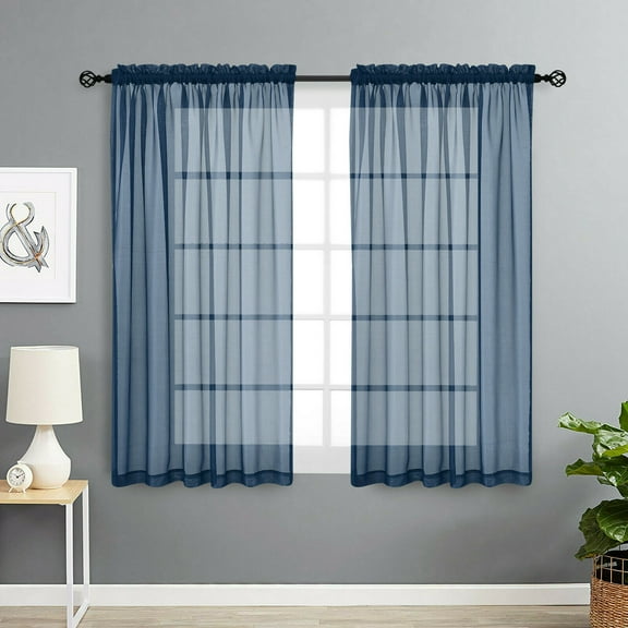 Basic Home Rod Pocket Sheer Voile Window Curtains - Navy Blue, 45 in. Long